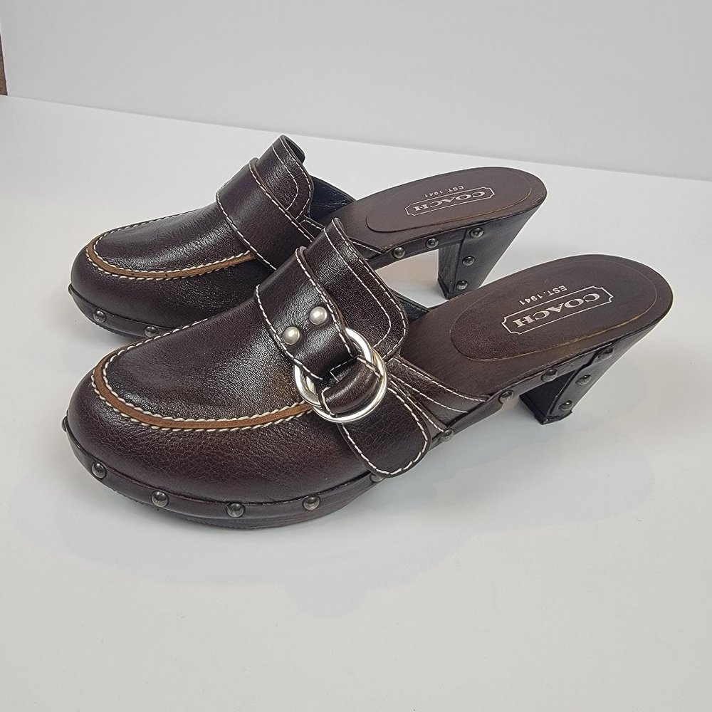 Coach Brown Leather Studded Mule Clogs